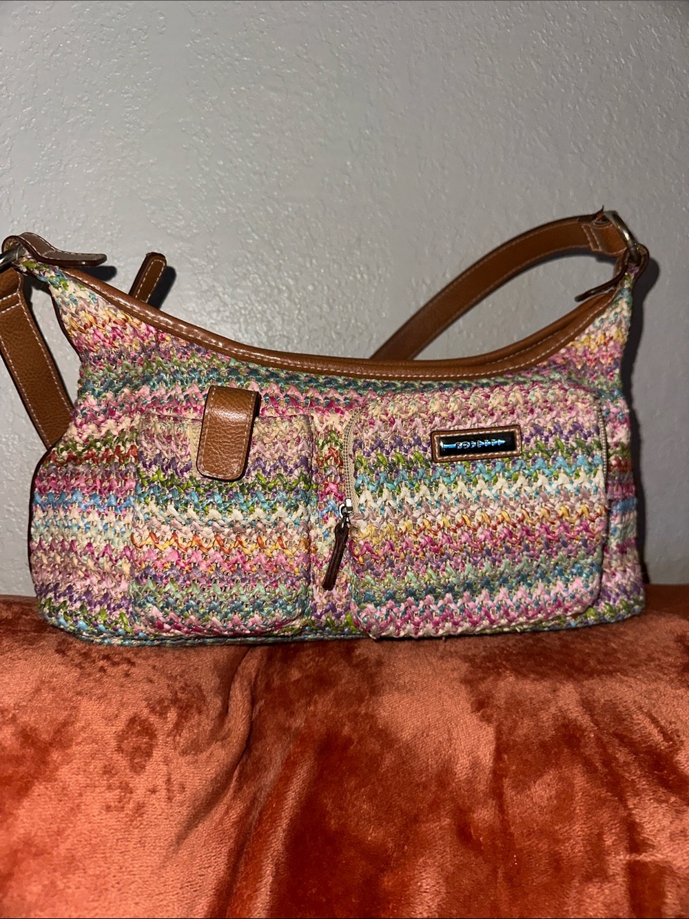 Rosetti Multicolor Woven Shoulder Bag with Brown Trim